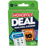 Monopoly Deal card game box with colorful property and action cards, perfect for fast-paced family fun ages 8 and up.