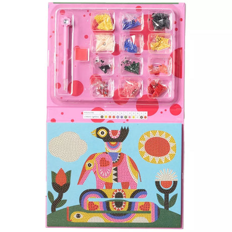Colorful pyramid craft kit with organized crystals, applicator tool, and vibrant animal canvas for creative sparkle art fun