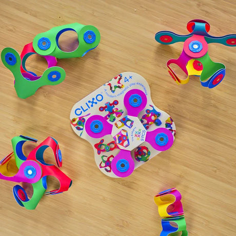 Clixo | Tiny & Mighty Pack with 9 colorful magnetic Quad shapes for creative, safe, and eco-friendly STEAM play.