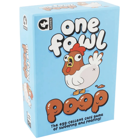 One Fowl Poop card game box featuring a cartoon chicken and playful poop illustrations