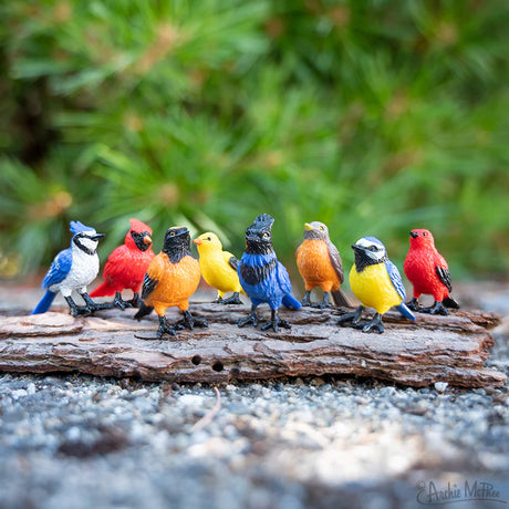 A Collection of Mini Garden Birds showing eight colorful vinyl bird figurines arranged on a piece of wood outdoors.