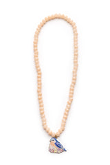 Spring Bluebird Necklace featuring peach-colored beads and a charming bluebird pendant with floral accents.