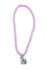 Spring Kitten Necklace with multi-faceted purple beads and a hand-painted kitten pendant for cat lovers.