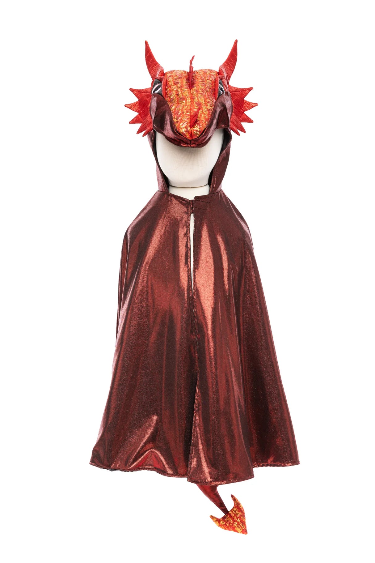 Ruby the Metallic Dragon Cape Size 5-6 in shimmering red metallic fabric with dragon head and tail details.