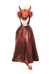Ruby the Metallic Dragon Cape Size 5-6 in shimmering red metallic fabric with dragon head and tail details.