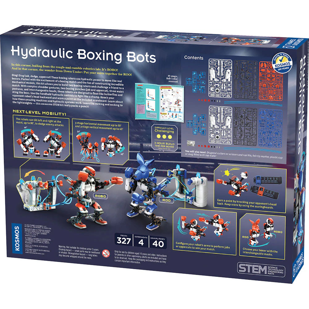 Hydraulic Boxing Bots kit with two robots mid-fight, showing parts, instructions, and interactive features on box back