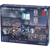 Hydraulic Boxing Bots kit with two robots mid-fight, showing parts, instructions, and interactive features on box back