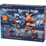 Boxing robots with hydraulic controls in a ring, featuring a blue robot and an orange kangaroo robot ready to fight
