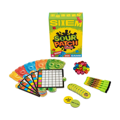 Sixem Sour Patch Kids board game with colorful cards, dice, tokens, and markers for a fast-paced family dice game.