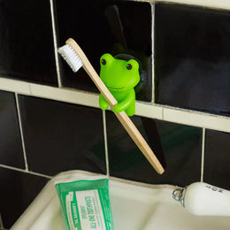 Green frog figure holding a toothbrush beside toothpaste on a tiled bathroom wall