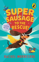 Cover of a children's book showing a flying dog superhero with a yellow cape and a squirrel sidekick in capes