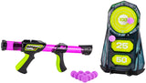 Purple and green Atomic Power Popper toy with a sticky target and soft foam balls for active play.