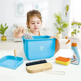 Child playing with Clean Up Bucket Set including bucket, spray, dustpan, brush, sponge, and duster for pretend cleaning.