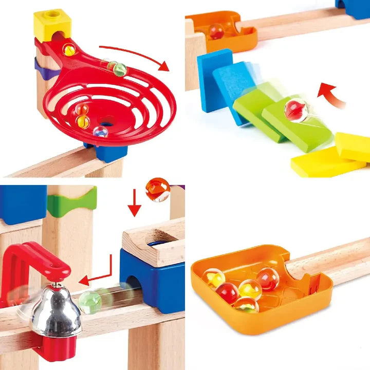 Colorful marble run set with wooden tracks, ramps, and spinning red funnel piece for DIY marble racing fun