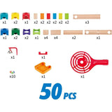 50 pieces colorful wooden track blocks, accessories, and marbles for building a marble run set
