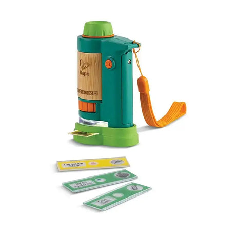Field Microscope with eco-friendly bamboo, LED light, magnification options, wrist strap, and included plant cell slides for kids.