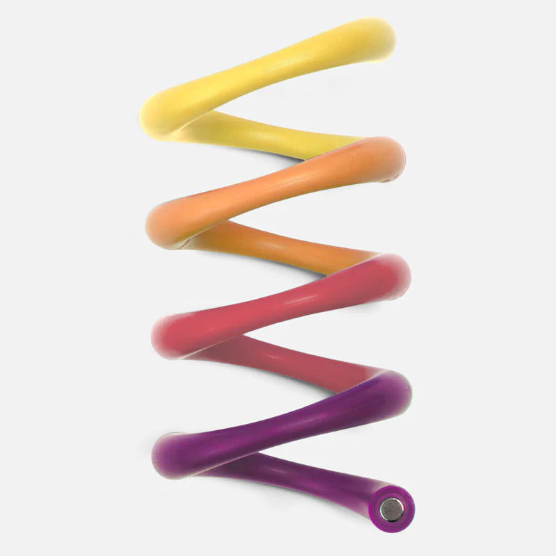 Speks. Helix. Plasma. magnetic fidget coil twisted in a rainbow gradient from yellow to purple on white background