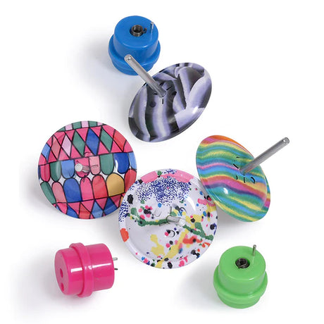 Hopping Spinning Top colorful toys with built-in springs for spinning and bouncing, designed in France by Moulin Roty.