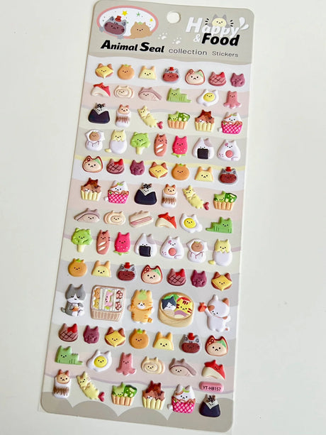 Cat Food Puffy Stickers with colorful, cute animal and food designs to personalize notes, letters, and planners.