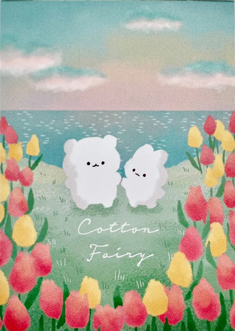 Mini Notepad | Cotton Fairy with cute white characters in a colorful flower field by the sea, full color print.