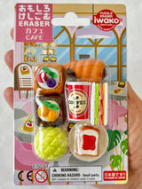 Japanese cafe-themed puzzle erasers shaped like pastries, coffee, and sandwiches, colorful and eco-friendly toy set
