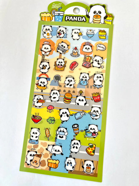 Panda Lunch Stickers sheet featuring cute panda characters with food and fun expressions for notes and planners.
