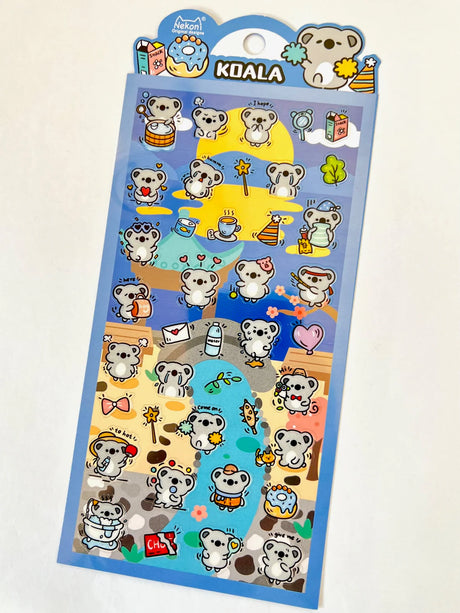 Koala Party Stickers sheet featuring cute koala characters with playful designs for notes, planners, and creative projects.