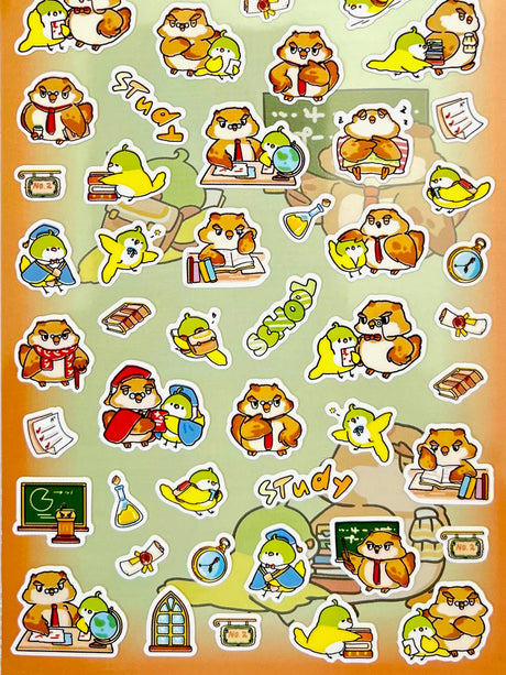 Owl & Bird School Stickers featuring cute owl and bird characters in school-themed activities and study scenes.