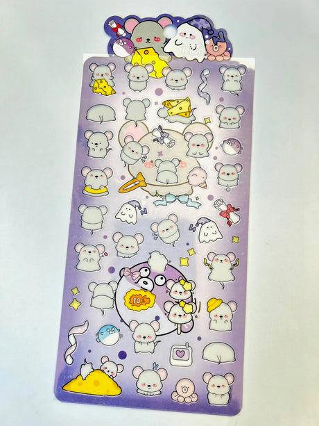 Mouse Party Stickers sheet with cute cartoon mice, cheese, and playful designs for notes, planners, and crafts.