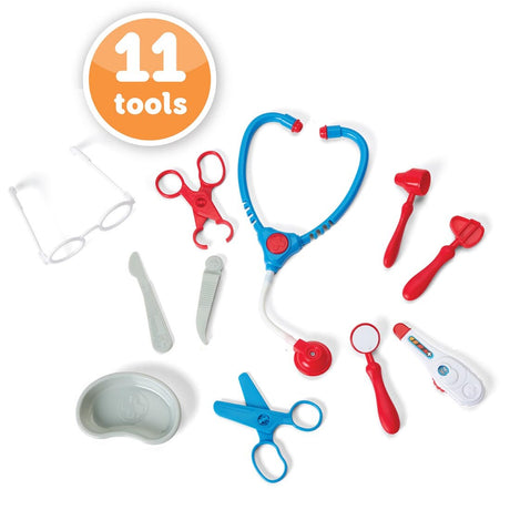 Doctor Kit with 11 colorful medical tools including stethoscope, scissors, thermometer, reflex hammer, and tray for kids' imaginative play.