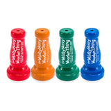 Colorful wooden noise makers called Wildly Noisy Wooden Thing in red, orange, green, and blue colors arranged in a row.