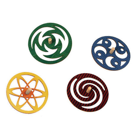 Four colorful precision-engineered wood spinning tops with unique laser-cut cosmic designs on a white background