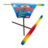 Skytops | Rainbow colorful spinning toy with rainbow-striped sticks and illustrated package