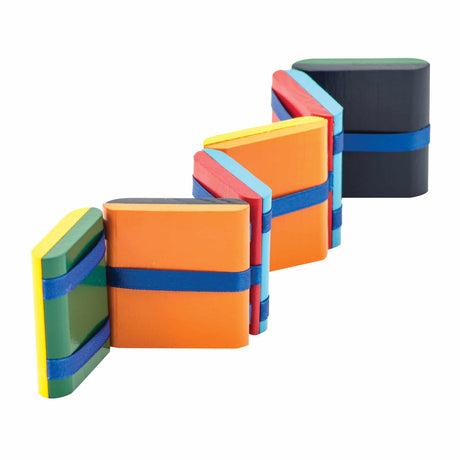 Jacob's Ladder wooden toy with colorful blocks connected by blue ribbons in a cascading arrangement.