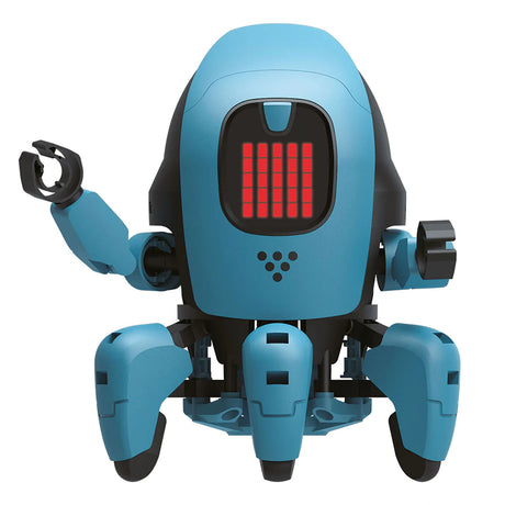 Kai The Artificial Intelligence Robot in blue with six legs and LED face display showing red bars.