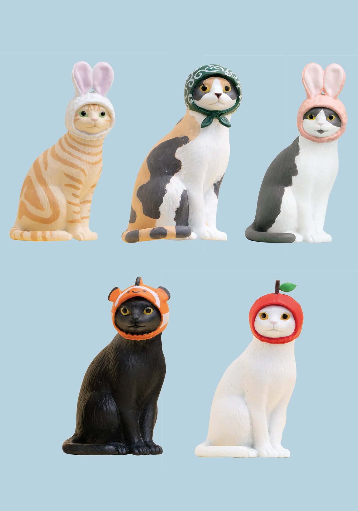 Blind box contains one of 5 mystery cat wearing a hat figures.