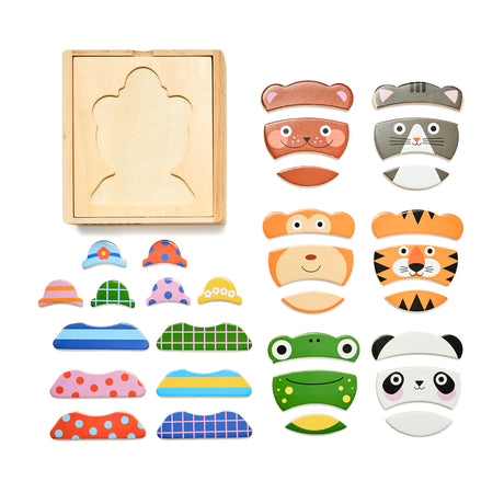 Animal Mix Up! Wooden Puzzle with colorful mix-and-match wooden animal faces and varied hats in a wooden storage box.