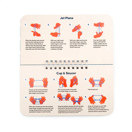 Cat's Cradle wire-bound instructional book showing string figures like Jet Plane and Cup & Saucer for kids' creativity.