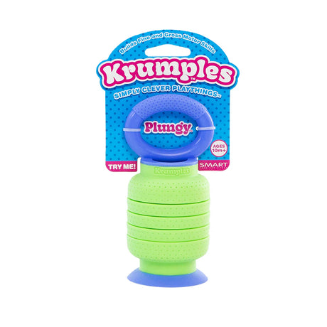 Krumples | Plungy toddler fidget toy in green and purple silicone with suction base for sensory play and motor skills development.