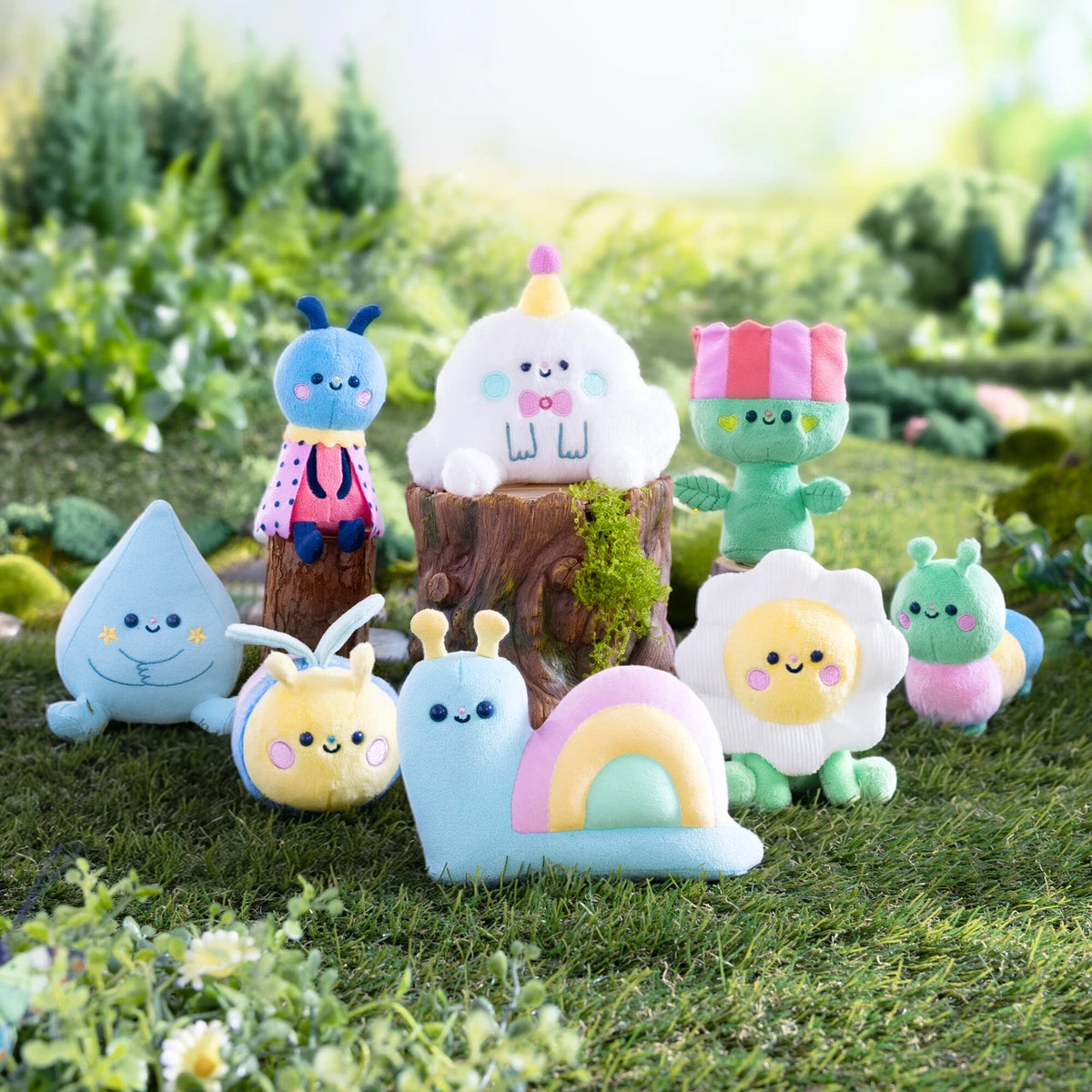 Momiji Magical Meadow Sidekick Blind Box featuring colorful plush characters in a whimsical meadow scene