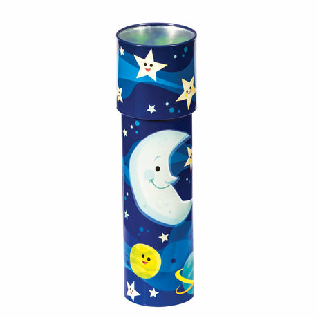 Kaleidoscope Starlight Tin with bright, whimsical stars and moon design, made of tin for children ages 3 and up.