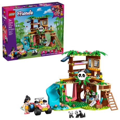 LEGO Friends panda sanctuary playset with treehouse, slide, ATV, two pandas, and two female mini-dolls for animal care fun.