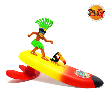 Surfer Dudes Legends toy with vibrant surfer figure and pet on red and yellow wave-catching mini surfboard.