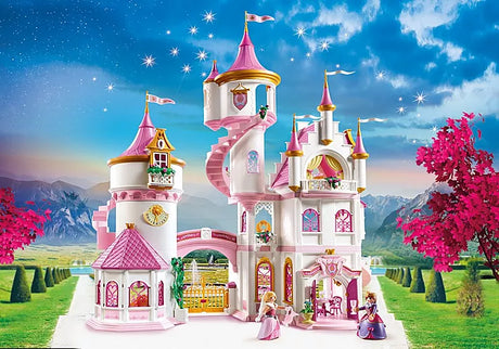 Princess | Castle toy with pink towers, spiral staircase, figures, and detailed accessories in a magical outdoor setting.