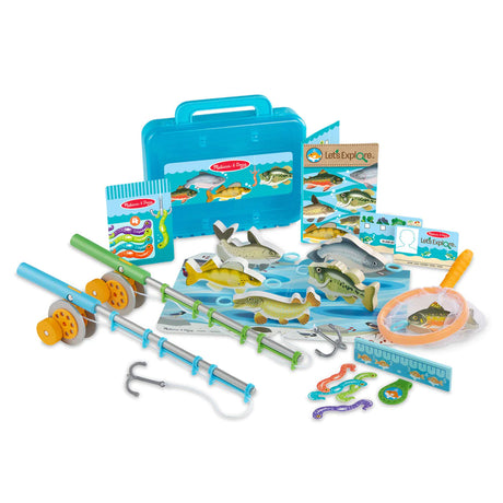 Let's Explore Fishing Play Set with wooden rods, fish, reversible mat, fishing guide, and storage tackle box for kids.