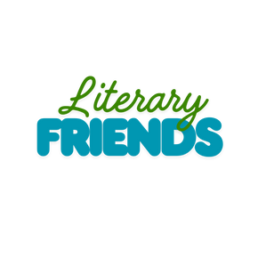Green cursive text reading Literary above bold blue block letters spelling Friends on a white background