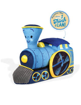 Plush blue and yellow train toy with a smiling face and fabric detailing on wheels and chimney