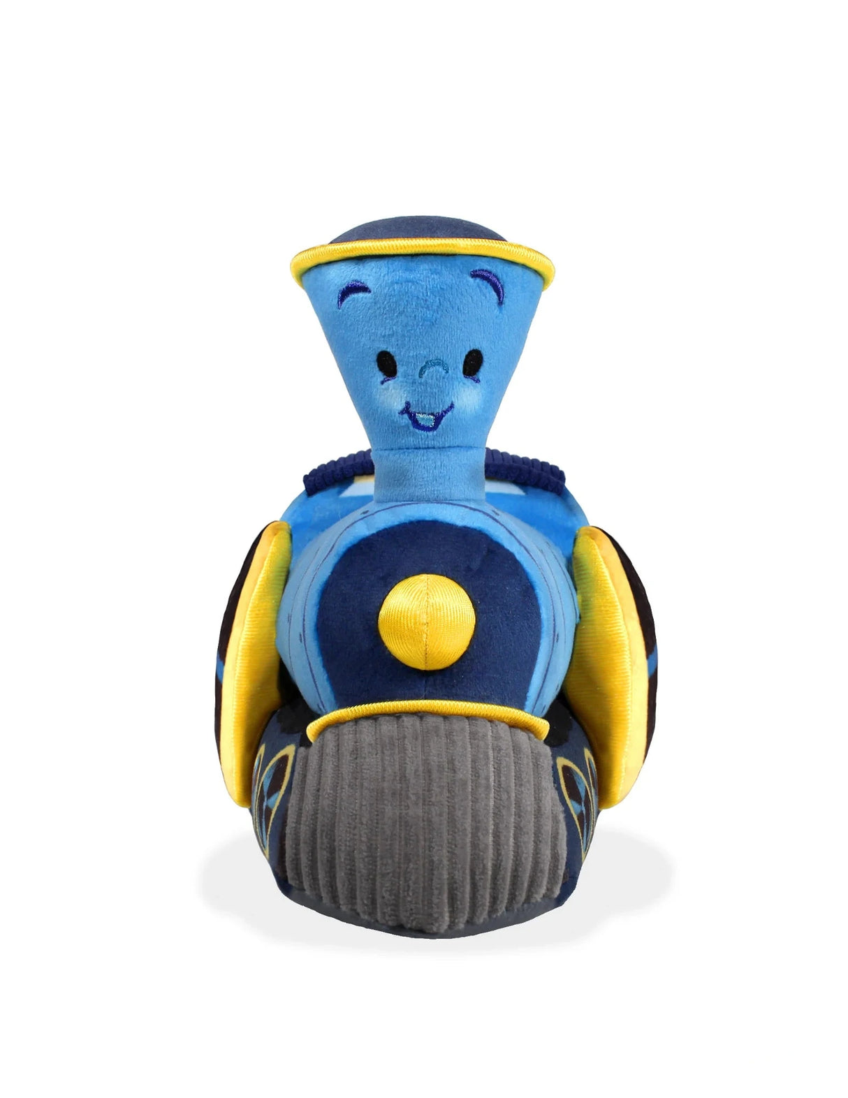 Soft blue and yellow train plush with a smiling face and detailed fabric accents on chimney and wheels