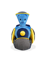 Soft blue and yellow train plush with a smiling face and detailed fabric accents on chimney and wheels