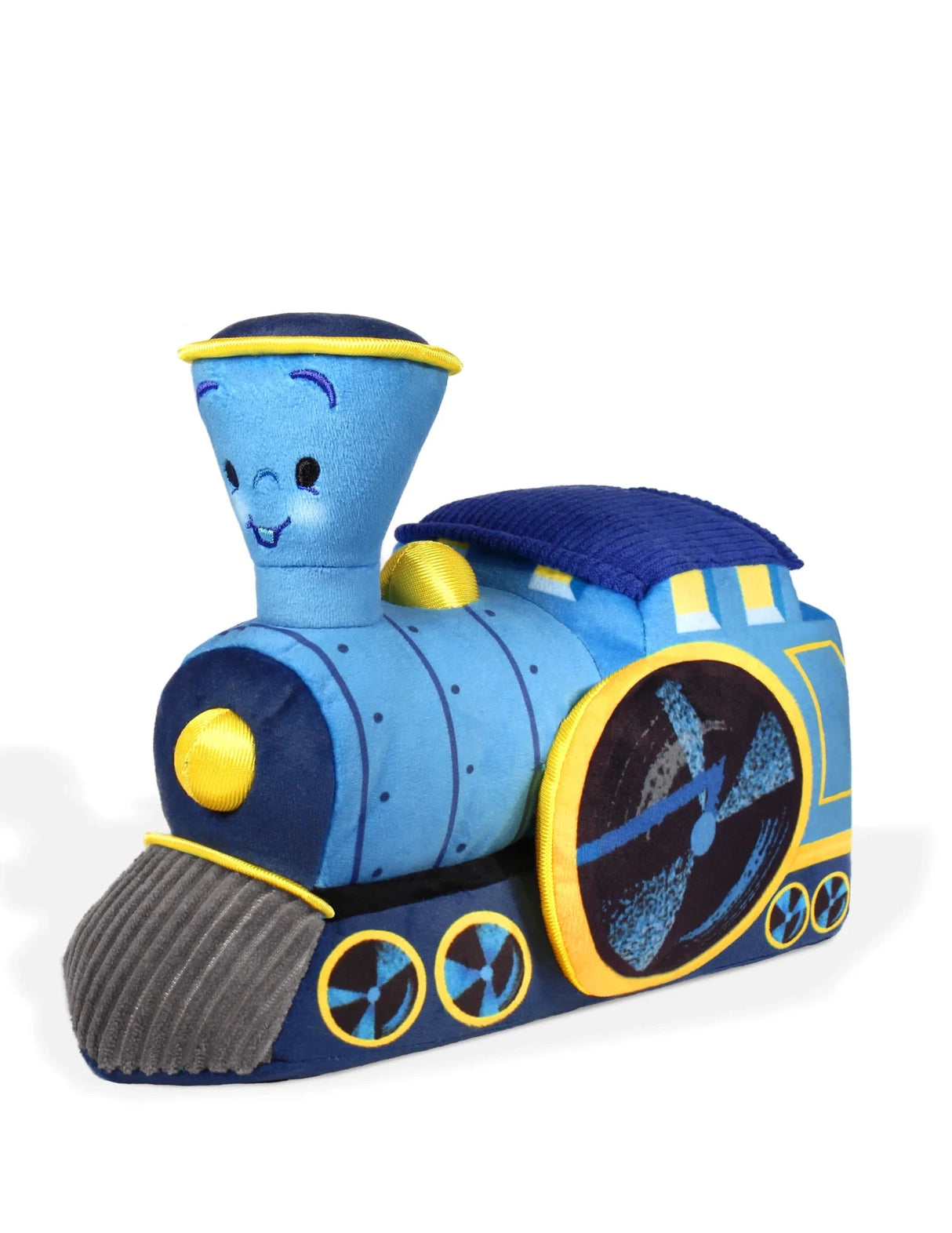 Soft plush train toy in blue and yellow with a smiling face and colorful wheel details